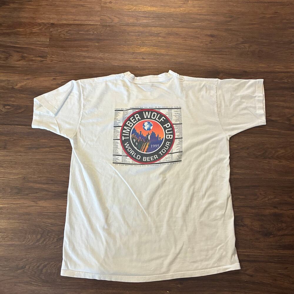 Vintage 1995 Timber Wolf Pub World Beer Tour T-Shirt XL White Graphic